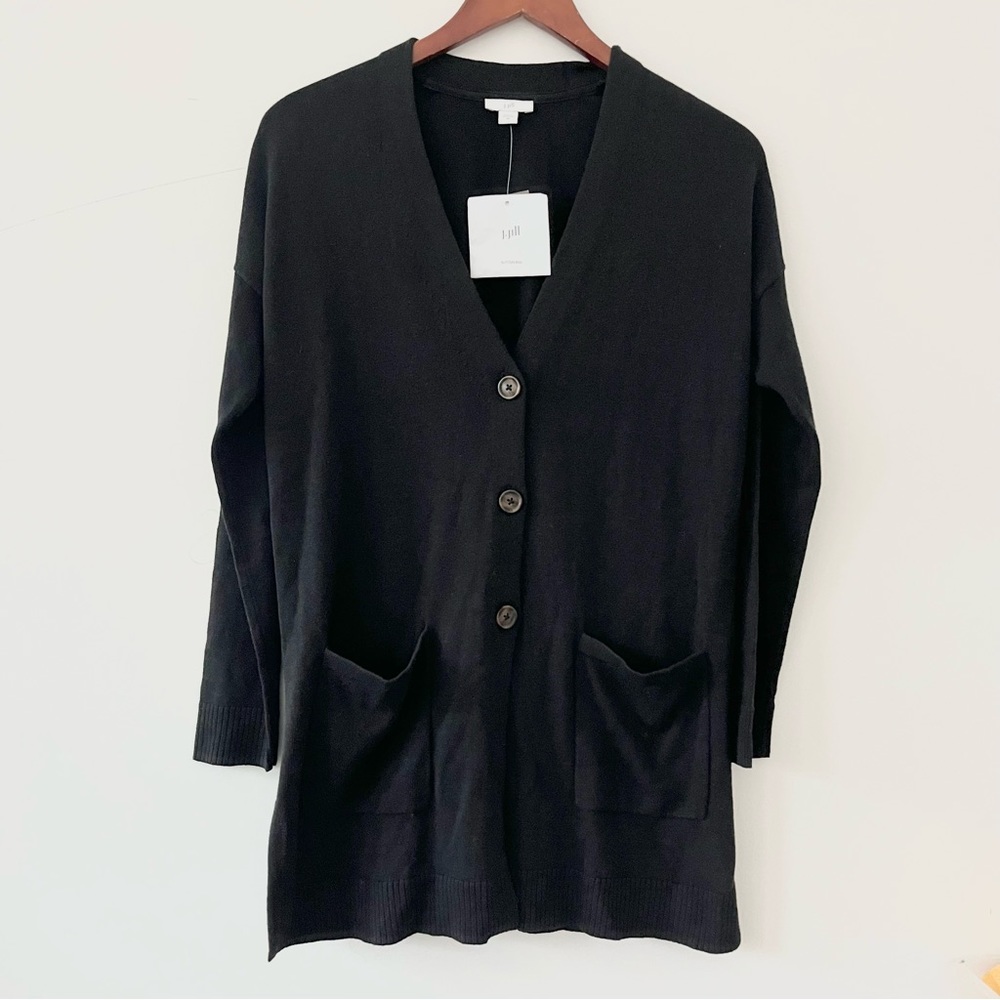 NWT J. Jill Black Classic V Neck Cardigan Two Front Pockets Soft Cotton Rayon XS